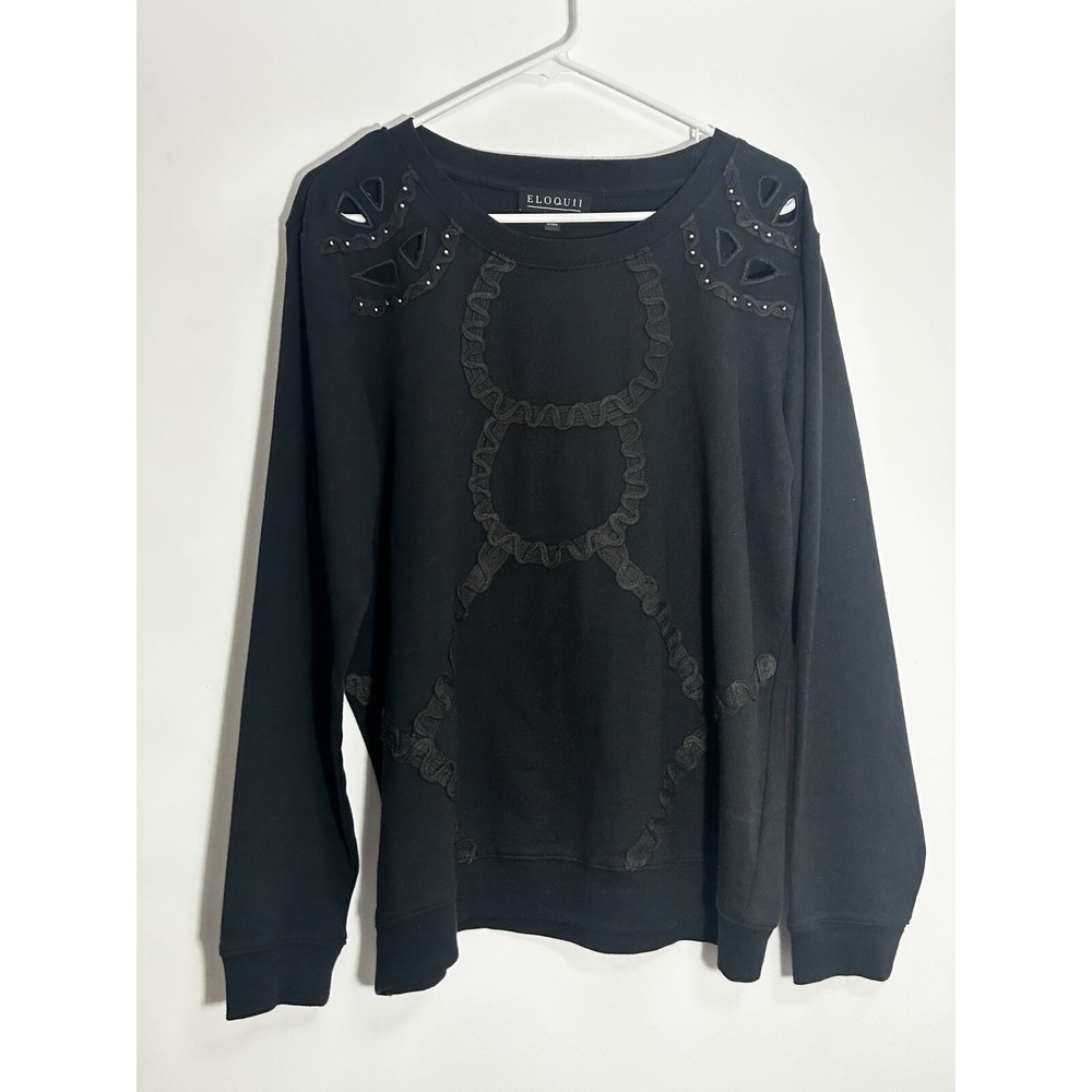 Eloquii Plus Size 14/16 Sweatshirt Black Long Sleeve Round Neck Cutout Beads - Picture 2 of 14